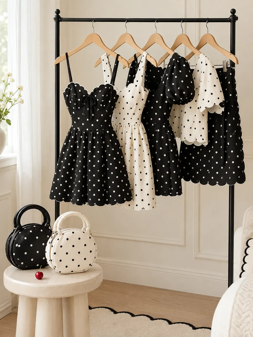 A clothing rail of black and white polka dot dresses and scalloped tops in a bright room.