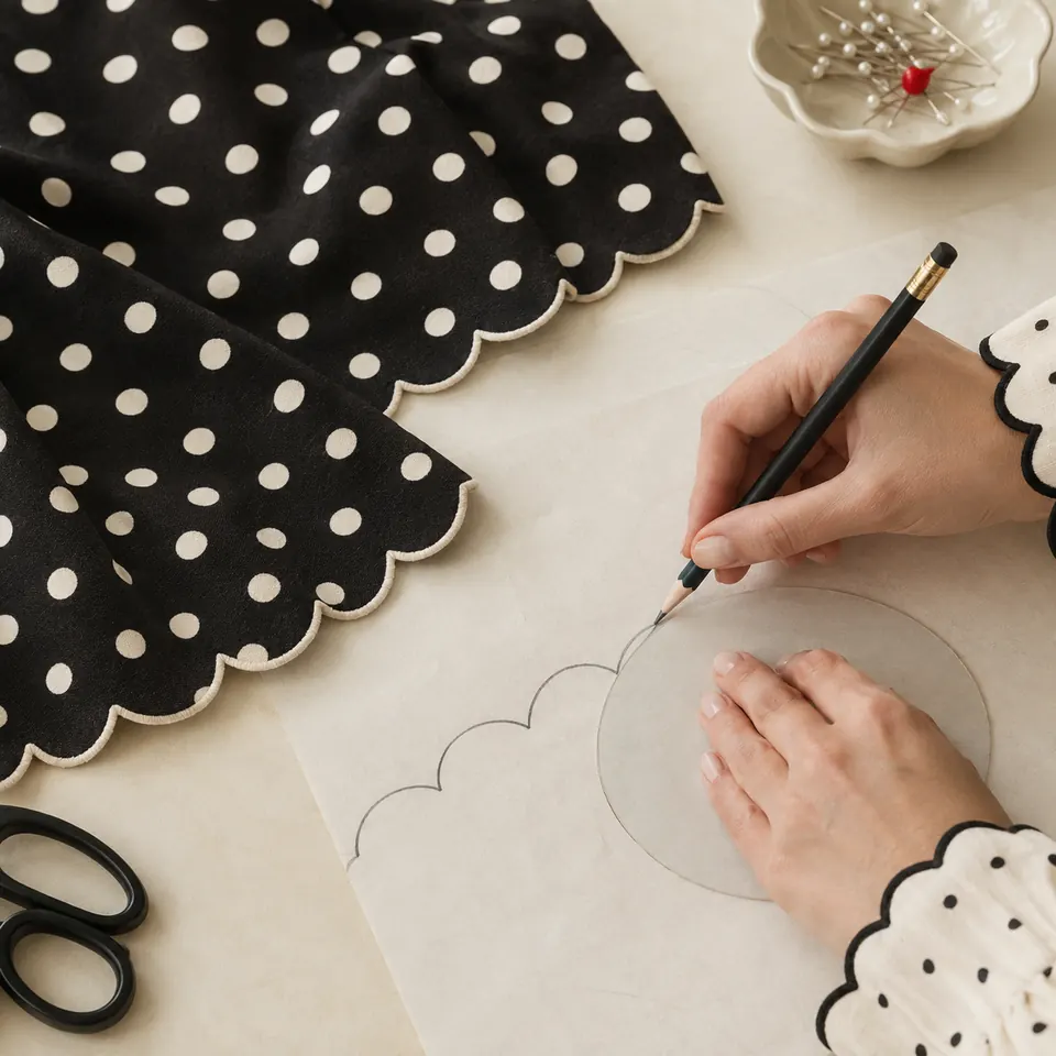 A hand traces scallops onto pattern paper with a round template.
