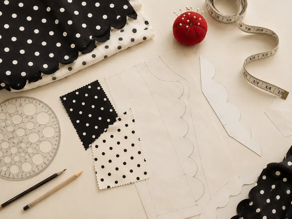 A design table with scallop templates, dot fabric swatches, a circle ruler and a red pin cushion.