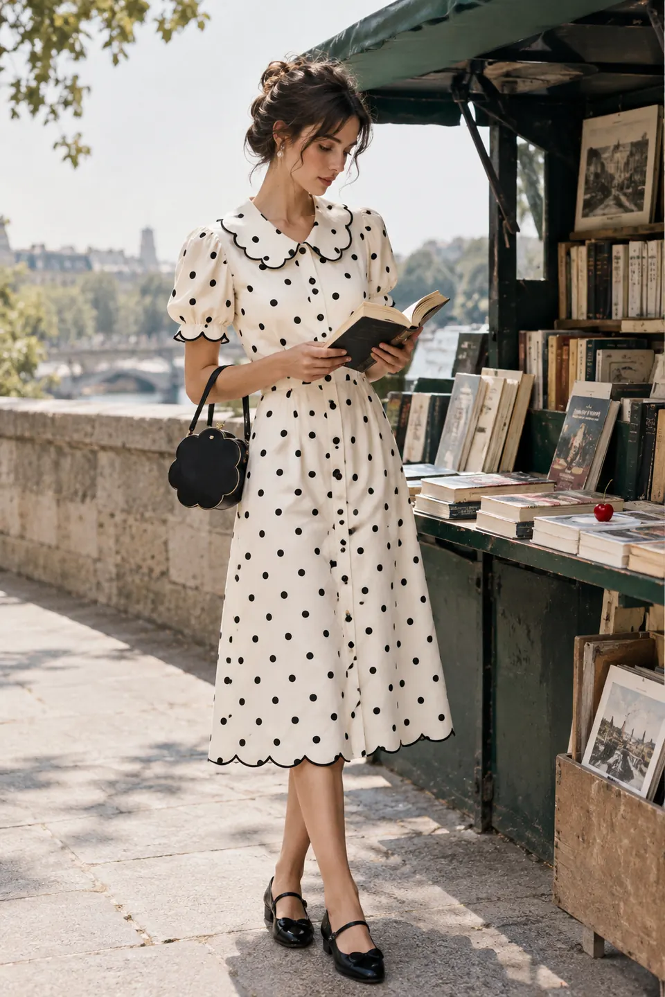 A woman reads at an outdoor book stall in a white polka dot shirt dress with a scalloped collar.