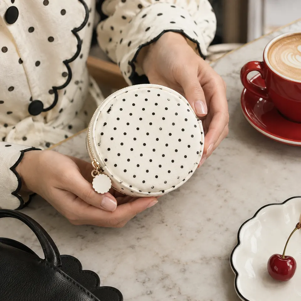 Hands hold a small round pin dot pouch over a café counter.
