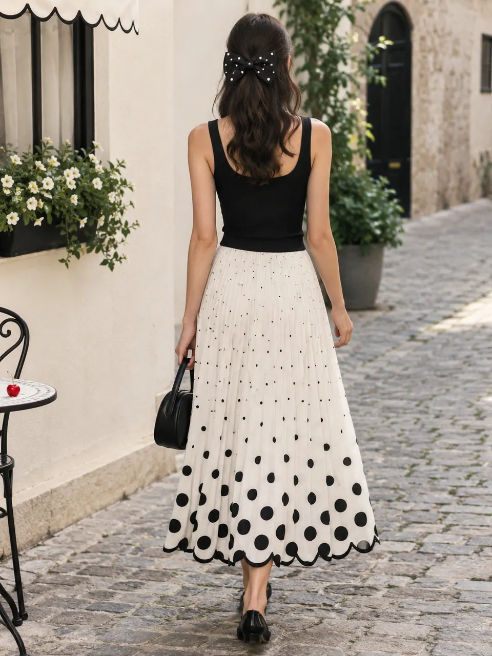 A woman walks down a cobbled lane in a drift dot pleated skirt.