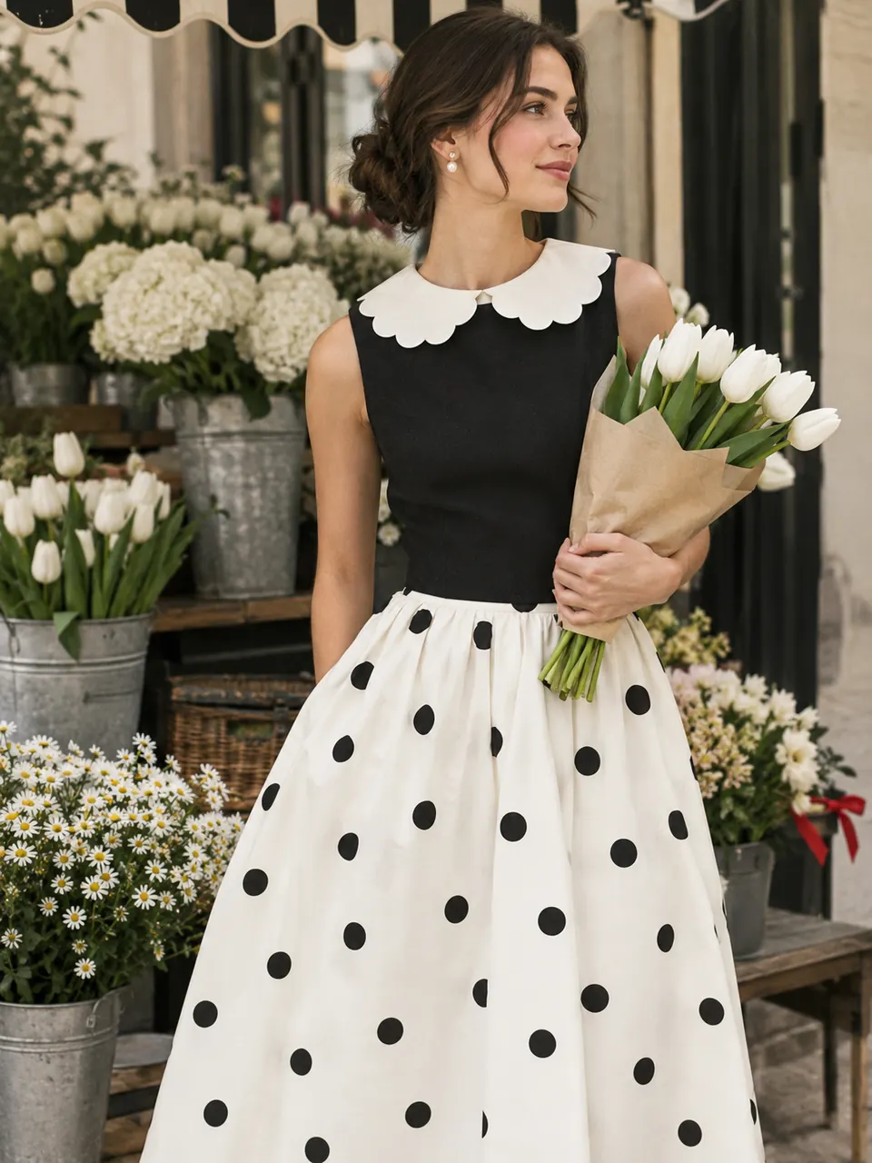 A woman holding tulips in a black shell top with a white scalloped round collar.