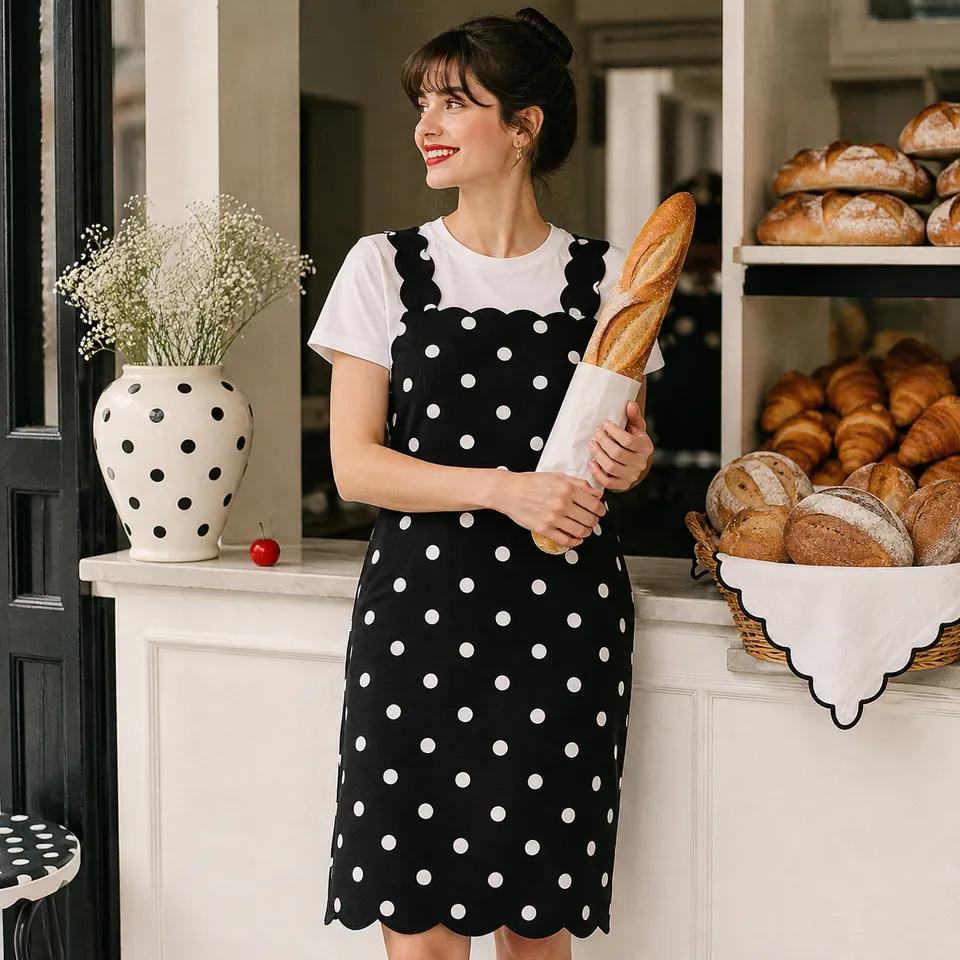 A woman at a bakery counter in a coin dot pinafore, holding a baguette.