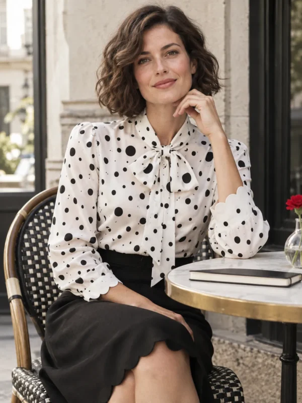 Bow Tie Scallop Blouse in milk with ink dots, worn