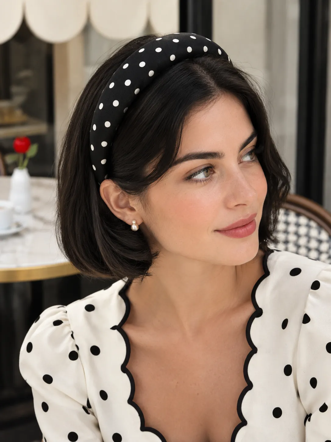 Dot Padded Headband in ink with milk dots, in use