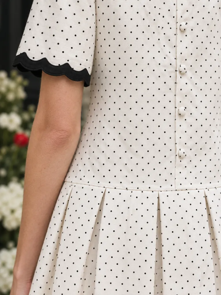 Drop-Waist Pleat Dress, close-up: the black scalloped sleeve cuff and box pleats