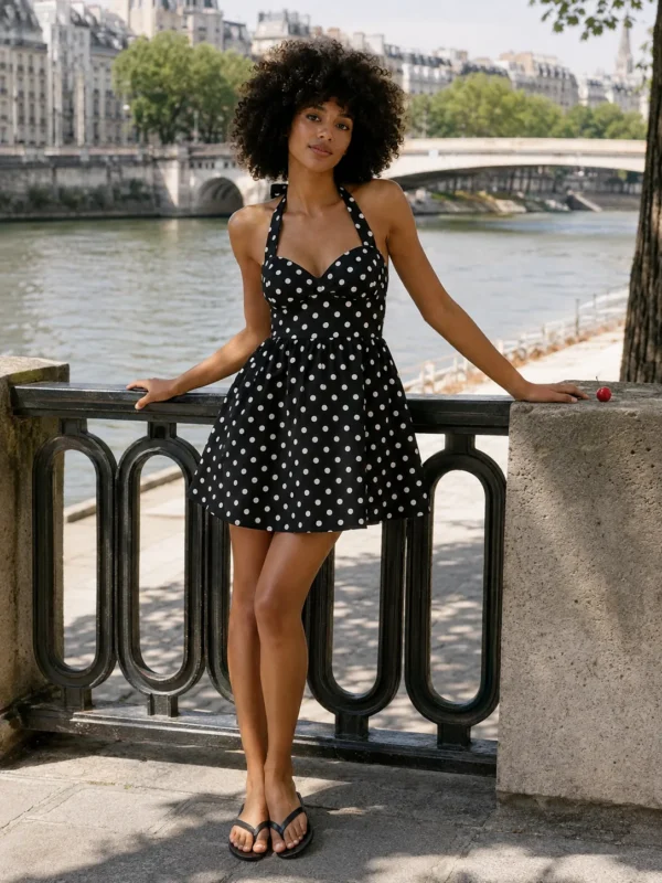 Halter Arc Sundress in ink with milk dots, worn