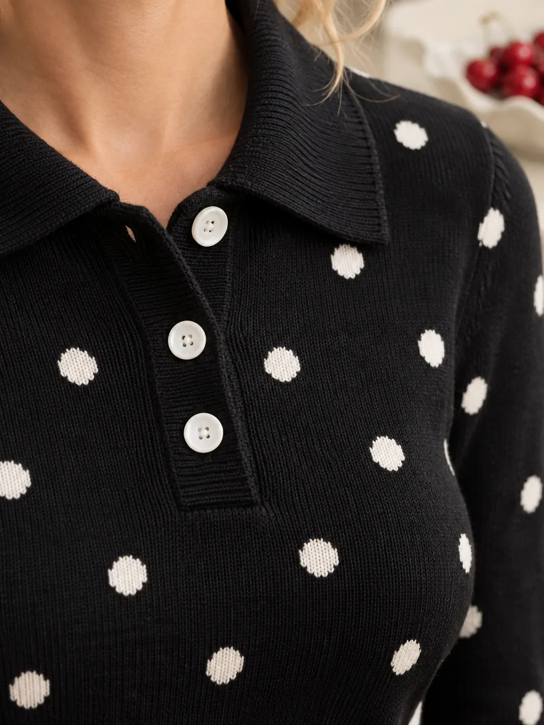 Knit Polo Dot Dress, close-up: the polo collar, round white buttons and the knitted dots