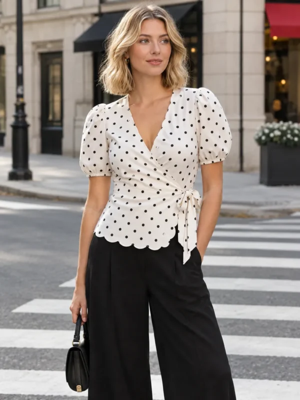 Puff Sleeve Wrap Top in milk with ink dots, worn