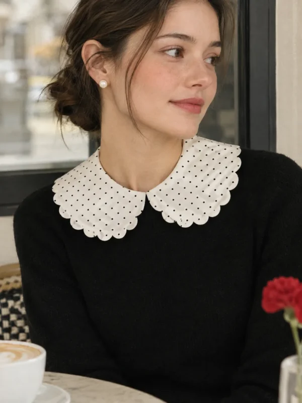 Scallop Detachable Collar in milk with ink dots, in use
