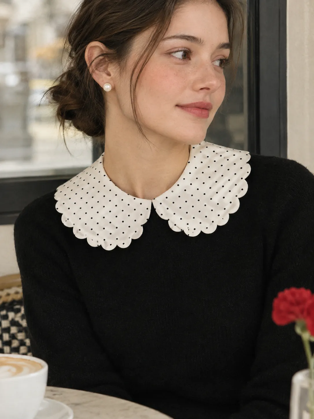 Scallop Detachable Collar in milk with ink dots, in use