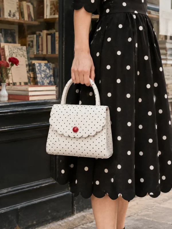 Scallop Flap Bag in milk with ink dots, in use