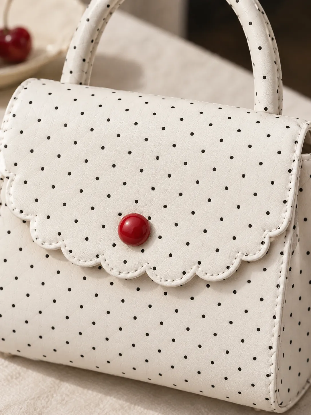 Scallop Flap Bag, close-up: the scalloped flap edge and red button