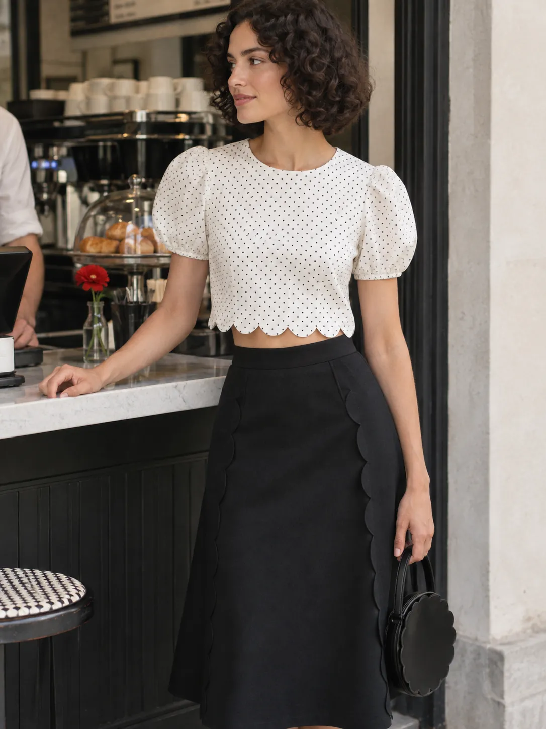 Scallop Hem Crop Blouse in milk with ink dots, worn