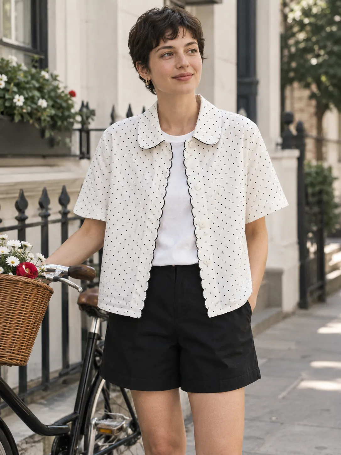 Scallop Placket Shirt in milk with ink dots, worn
