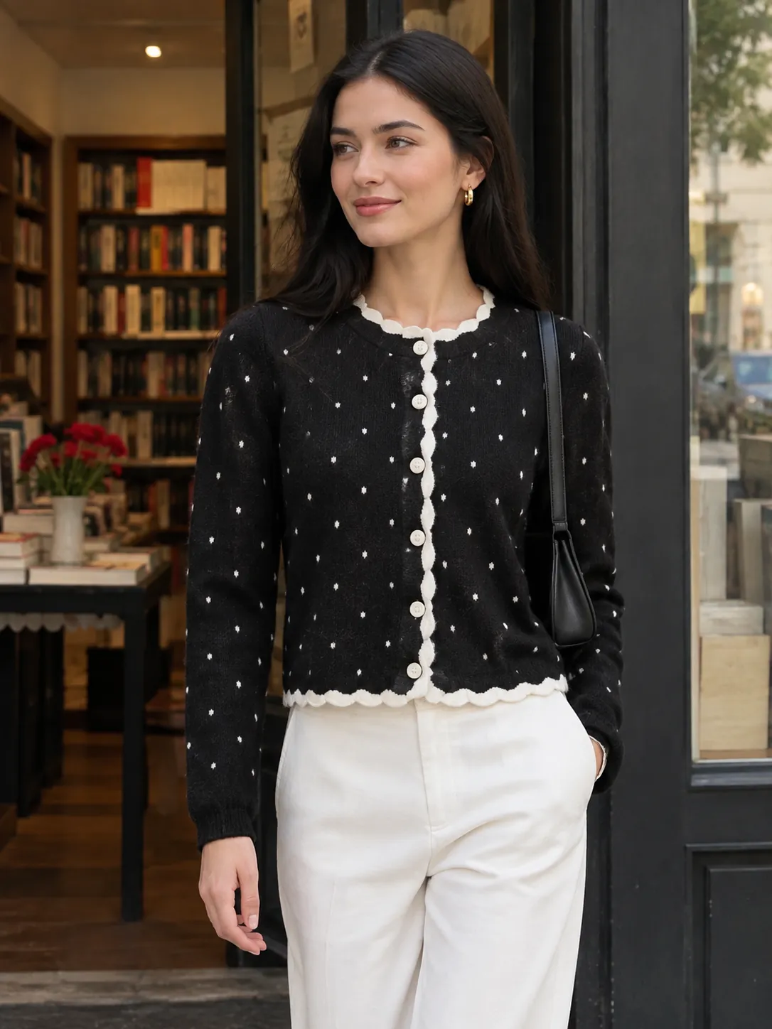 Scallop Trim Knit Cardigan in ink knit with milk dots, worn