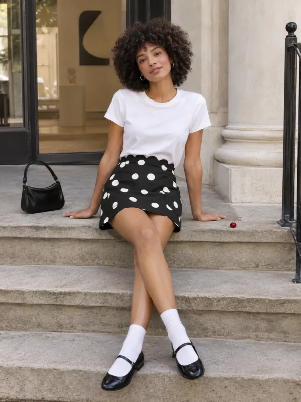 Scallop Waist Mini Skirt in ink with milk dots, worn