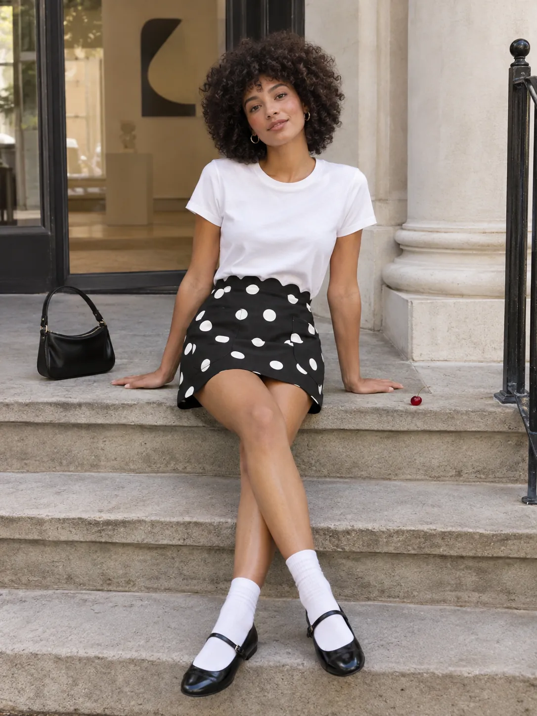 Scallop Waist Mini Skirt in ink with milk dots, worn