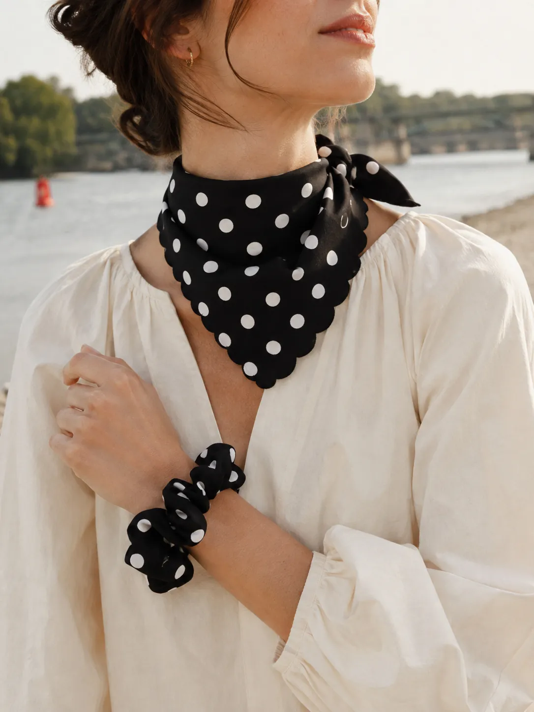 Scrunchie & Bandana Set in ink with milk dots, in use