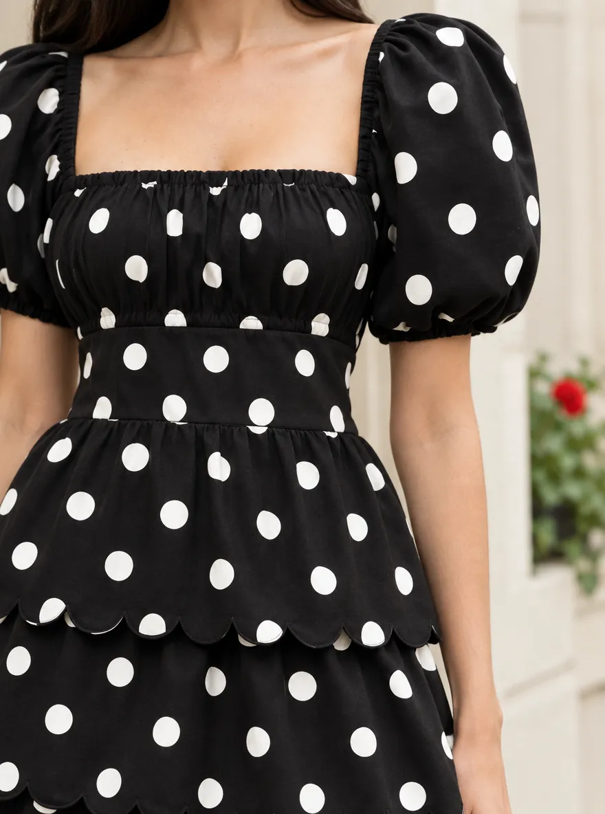 Tiered Puff Mini Dress, close-up: the scalloped tier seam and the coin dots